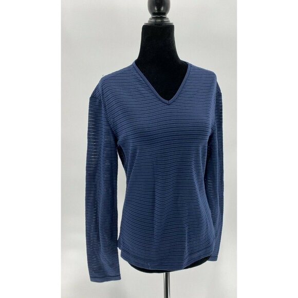 Versace Jeans Navy Blue Stripes Long Sleeve Fitted Sheer Mesh Blouse Top Sz L - Picture 12 of 12